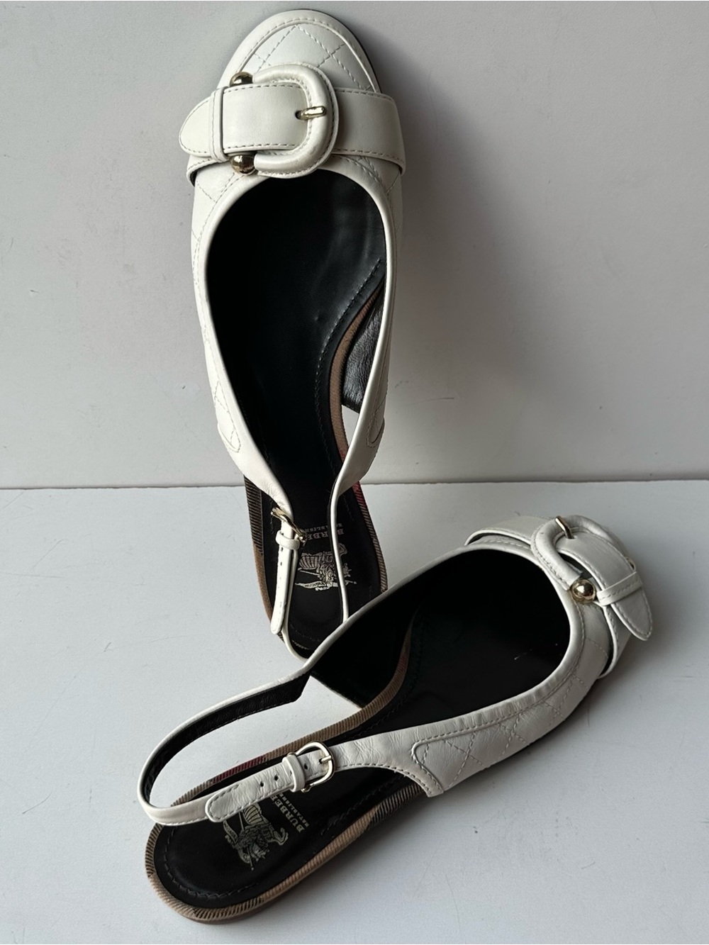 Burberry Women’s White Leather Slingback Flats Plaid Trim Buckle Italy Sz 41